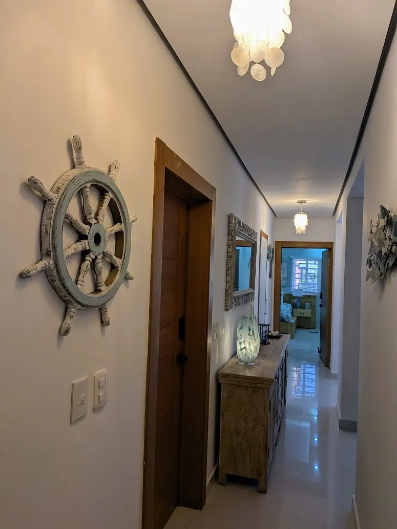 A hallway with coastal decor