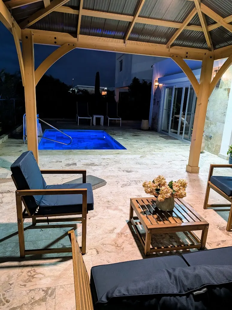 The pool and its waterfall feature
