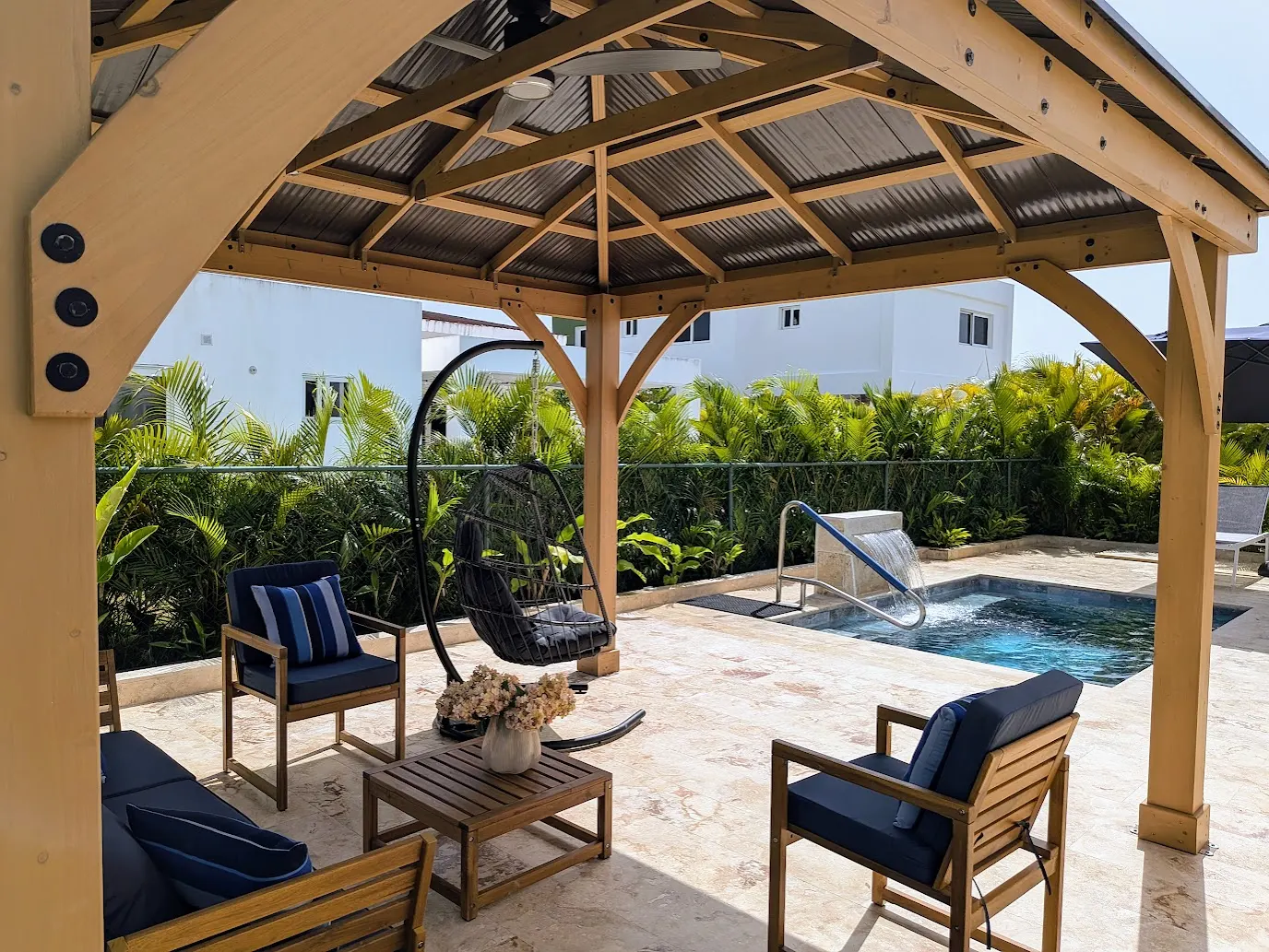 The pool deck seen from the house