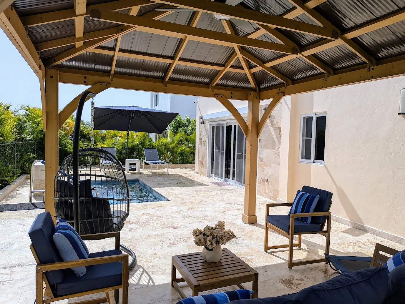 The backyard and pool deck